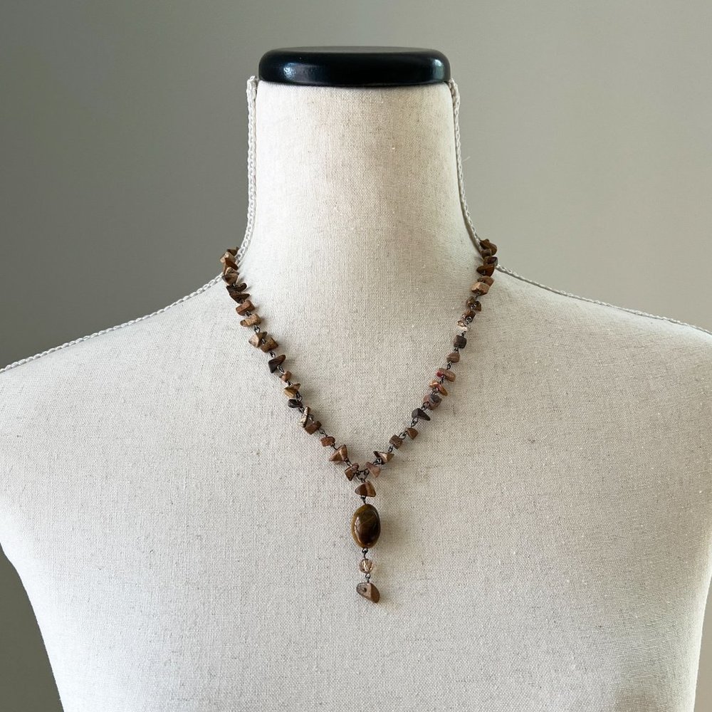 Cousin Claudine Beaded Tiger's Eye Pendant Gemstone Y Choker Necklace